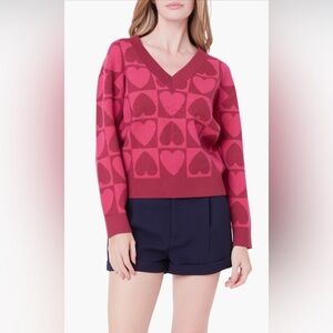 NEW English Factory Heart V-Neck Pullover Sweater in Pink Multi Sz XS
